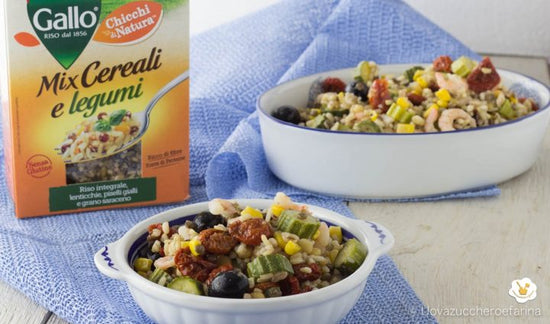 foto ricetta Mix di cereali e legumi con zucchine e gamberetti 