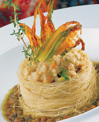 foto ricetta Riso Vialone Nano al timo e fiori di zucca su crema di lenticchie di Onano 