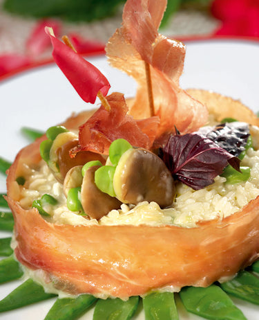 foto ricetta Riso Carnaroli alle taccole e fave con veli di prosciutto Patanegra 