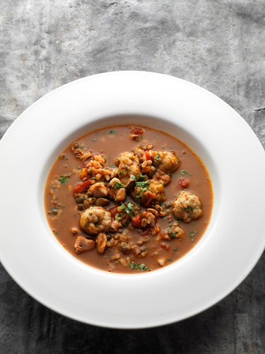 SPICED CHICKEN AND LENTIL 3 GRAIN SOUP WITH CHORIZO DUMPLINGS 