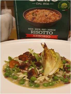 SPRING PEA & PAN SEARED BABY GEM RISOTTO WITH CURRIED CARROT CRISPS & PUFFED RICE 