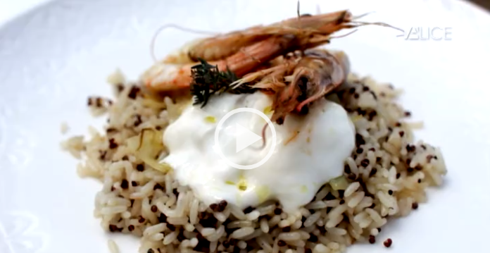 Riso e quinoa con gamberi e un ciuffo di stracchino